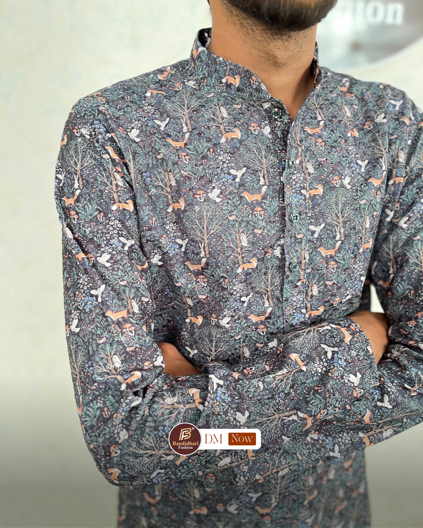 Men's Multicolor Printed and Lakhnavi Work Kurta in Rayon Cotton