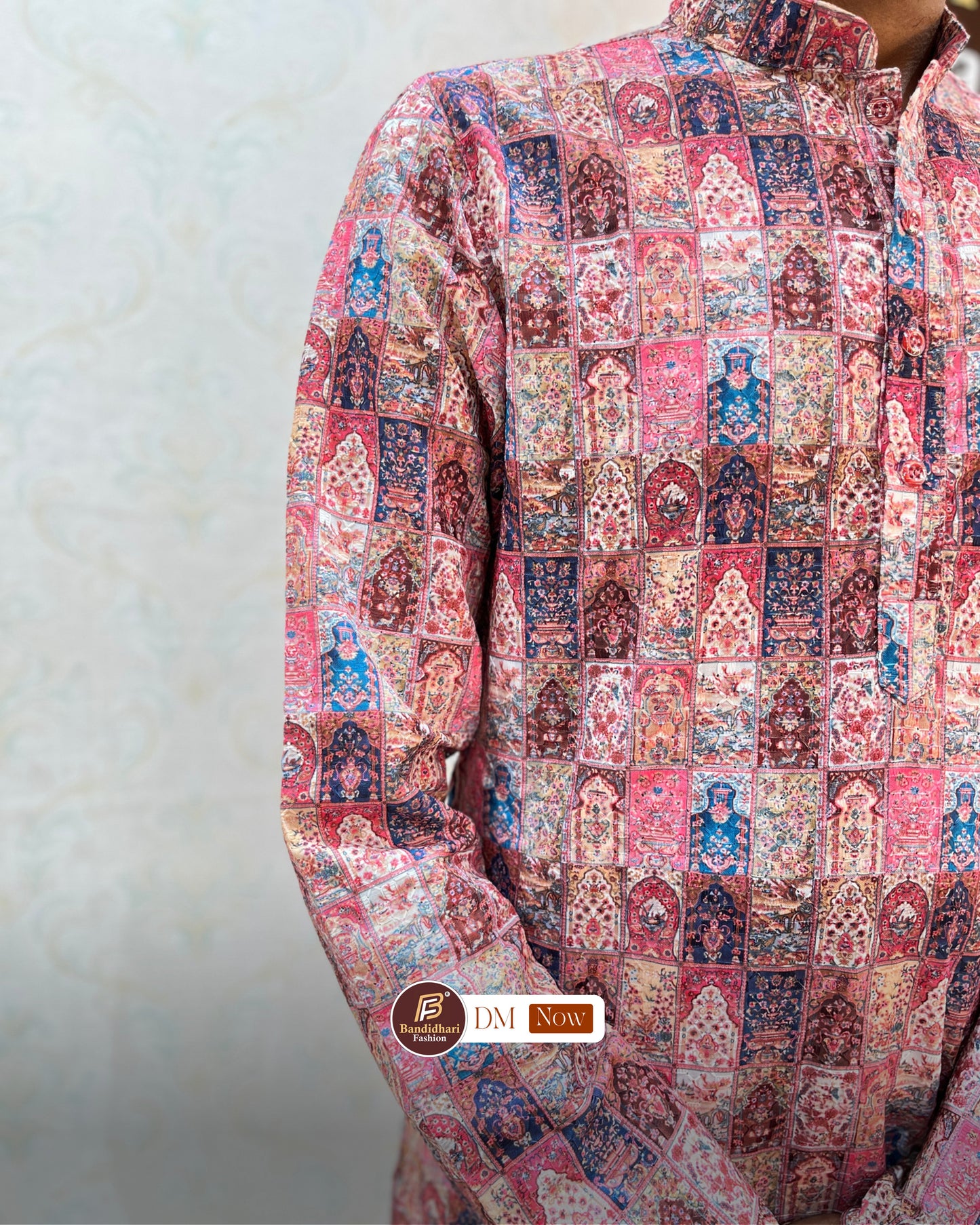 Men's Multicolor Printed and Lakhnavi Work Kurta in Rayon Cotton