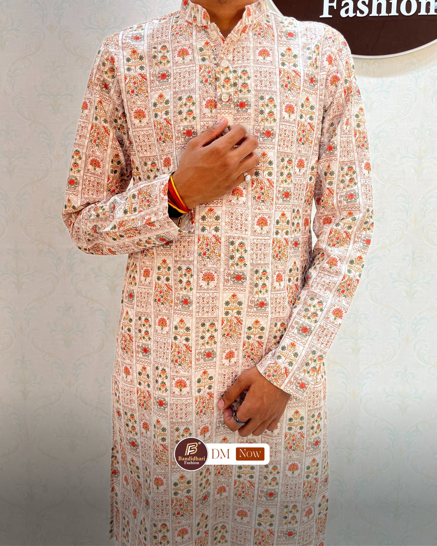 Men's Multicolor Printed and Lakhnavi Work Kurta in Rayon Cotton