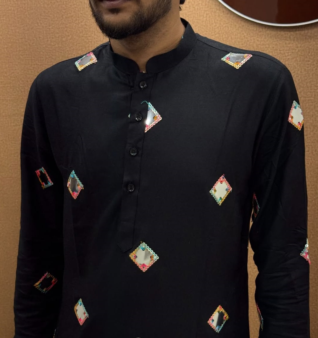 Men Black Mirror Work Embroidered Mandarin Collar Kurta