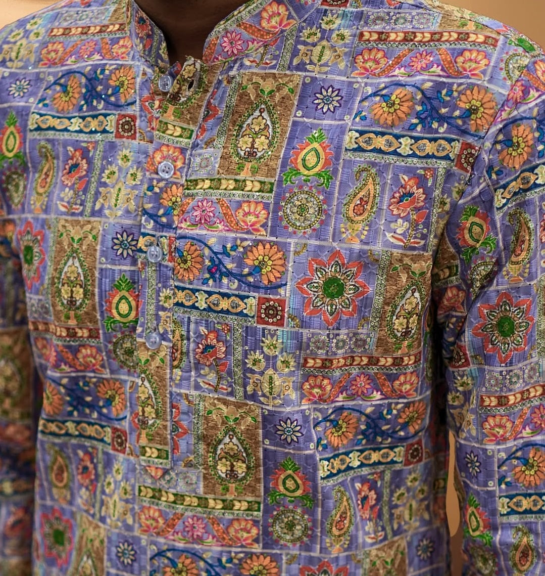 Bandidhari Fashion Men Blue Purple Patchwork Print Cotton Kurta