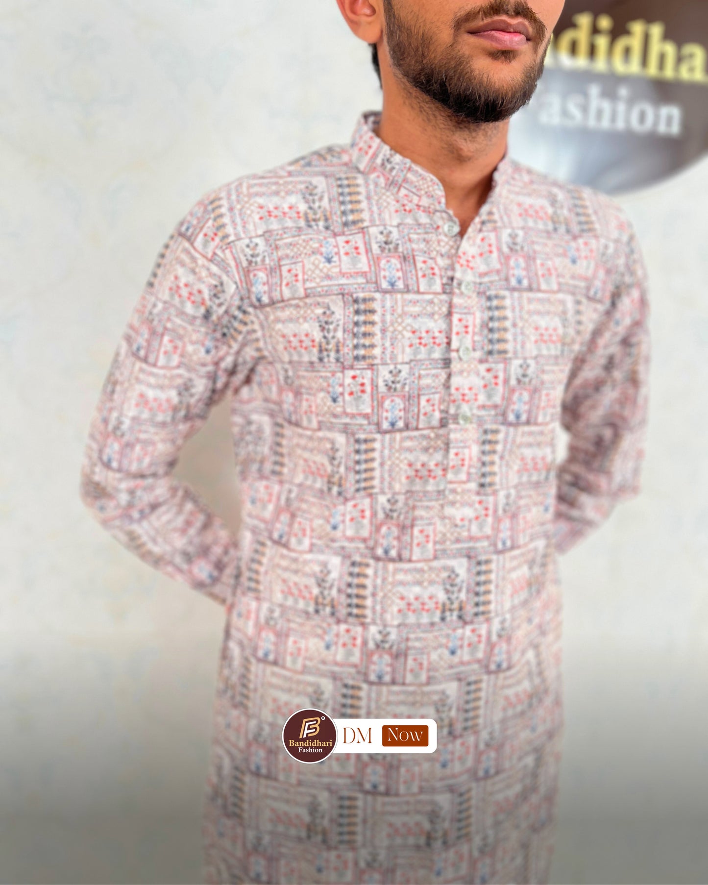 Men's Multicolor Printed and Lakhnavi Work Kurta in Rayon Cotton