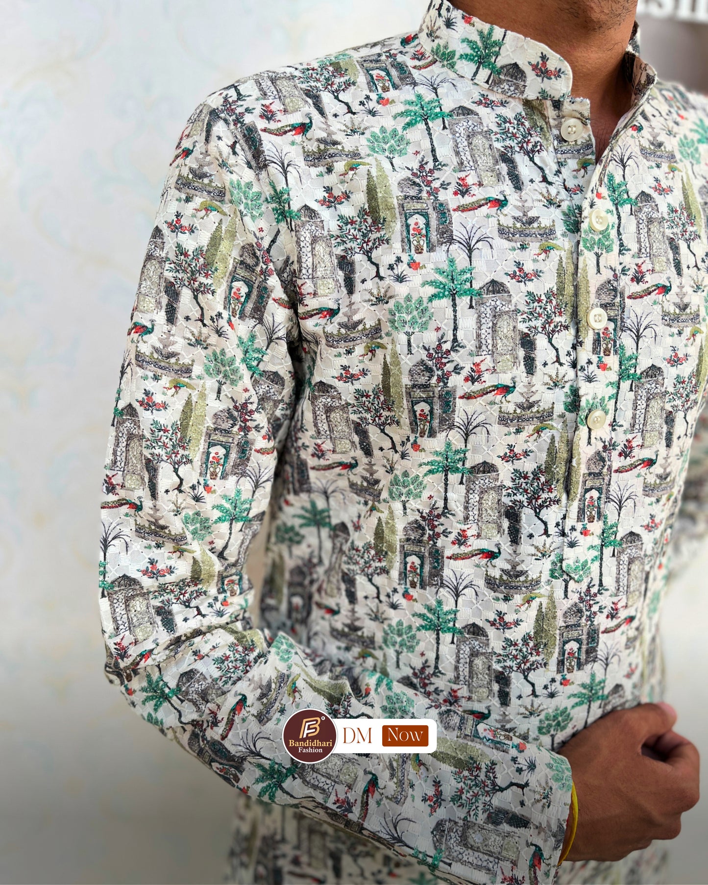 Men's Multicolor Printed and Lakhnavi Work Kurta in Rayon Cotton