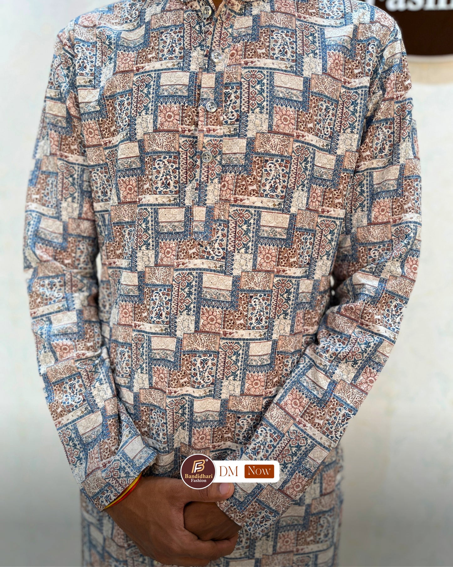 Men's Multicolor Printed and Lakhnavi Work Kurta in Rayon Cotton