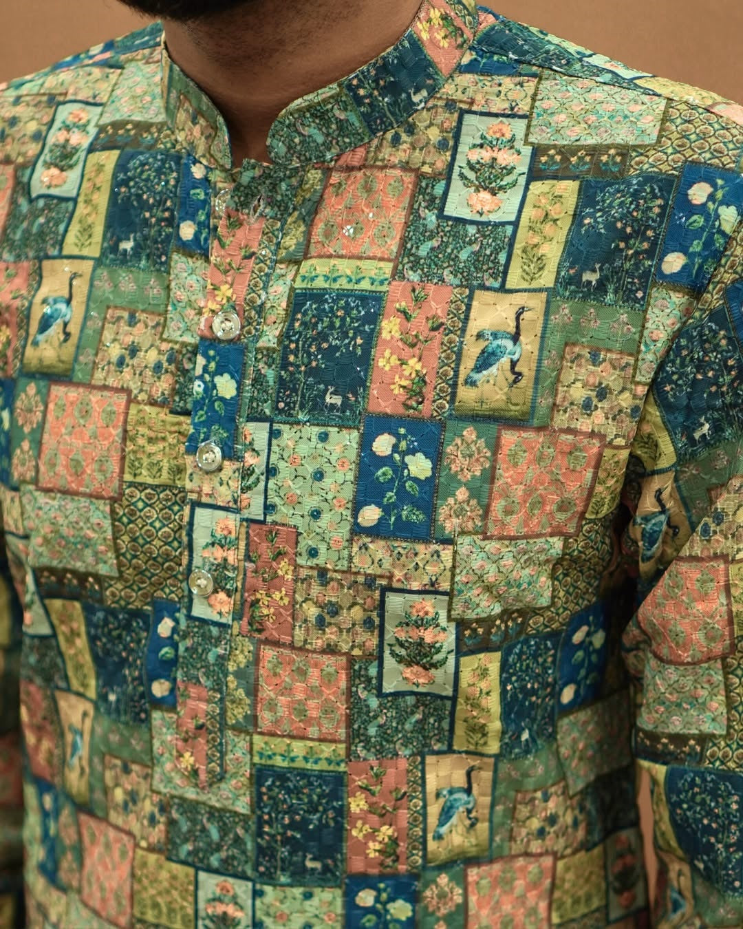 Men’s Multicolor Floral & Bird Print Mandarin Neck Kurta