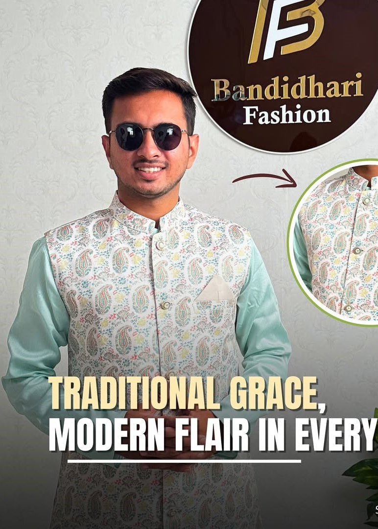 Men White And Sky Color Party Wear Printed Cotton Blend Straight Koti Kurta set