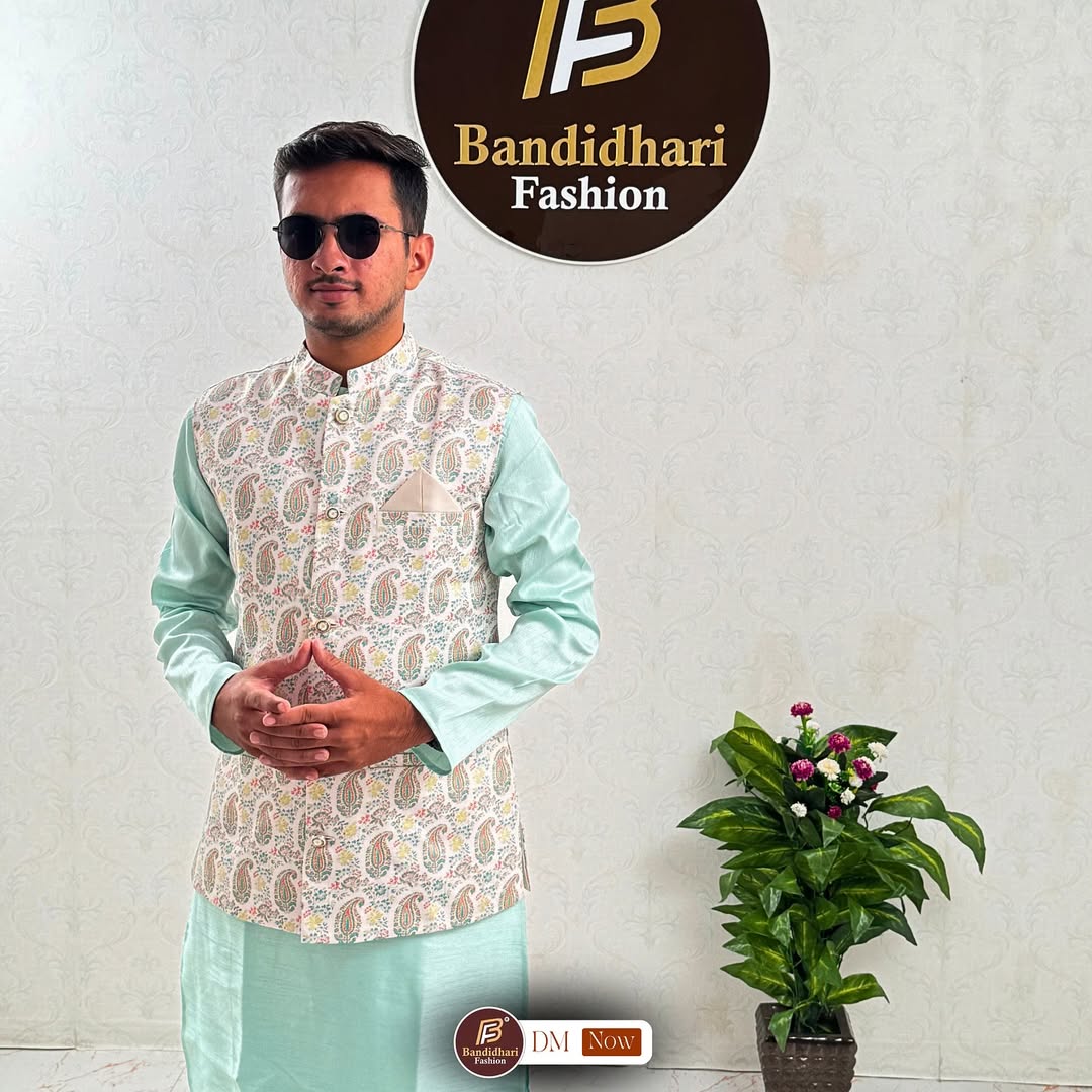 Men White And Sky Color Party Wear Printed Cotton Blend Straight Koti Kurta set