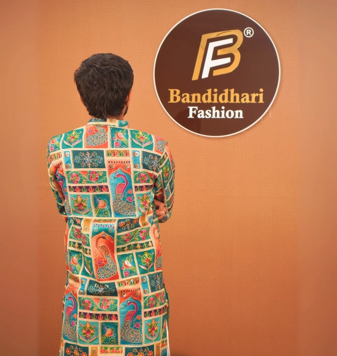 Men Multicolor Patchwork Print Mandarin Collar Straight Kurta