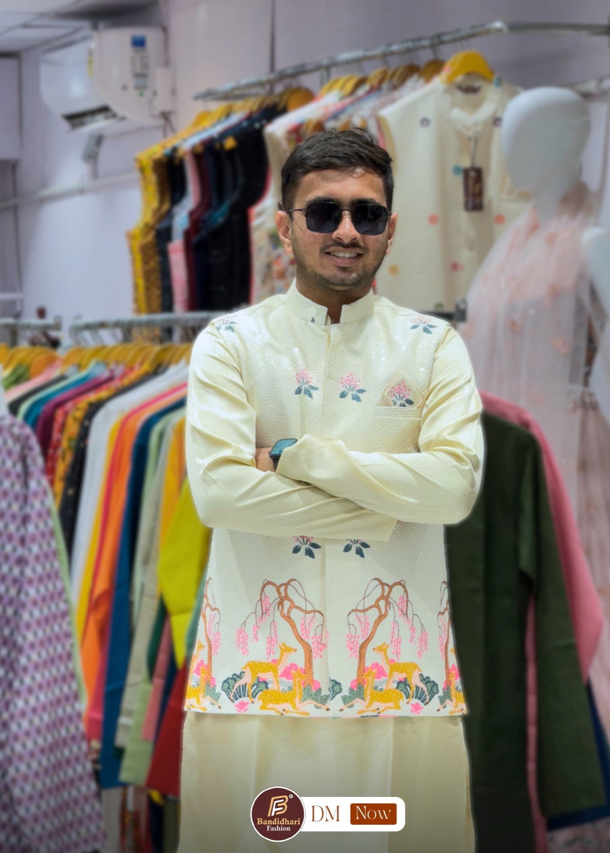 Men Cream Color Party Wear Printed and Embroidered Work Cotton Blend Straight Koti Kurta set