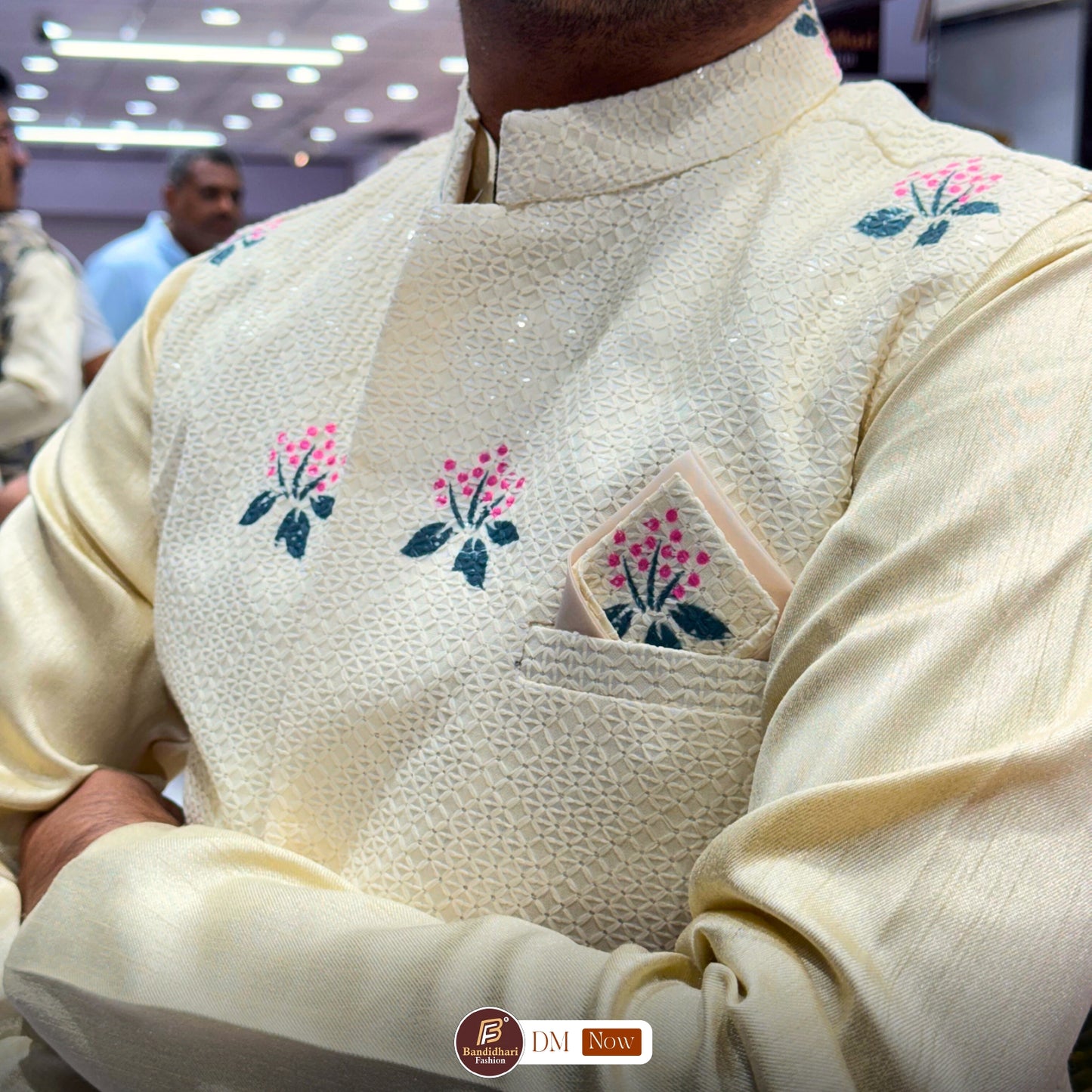 Men Cream Color Party Wear Printed and Embroidered Work Cotton Blend Straight Koti Kurta set