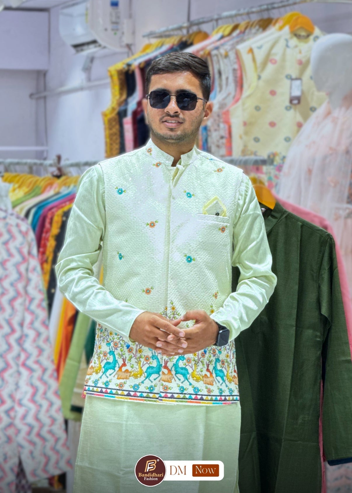 Men Pista color Party Wear Printed and Embroidered Work Cotton Blend Straight Koti Kurta set