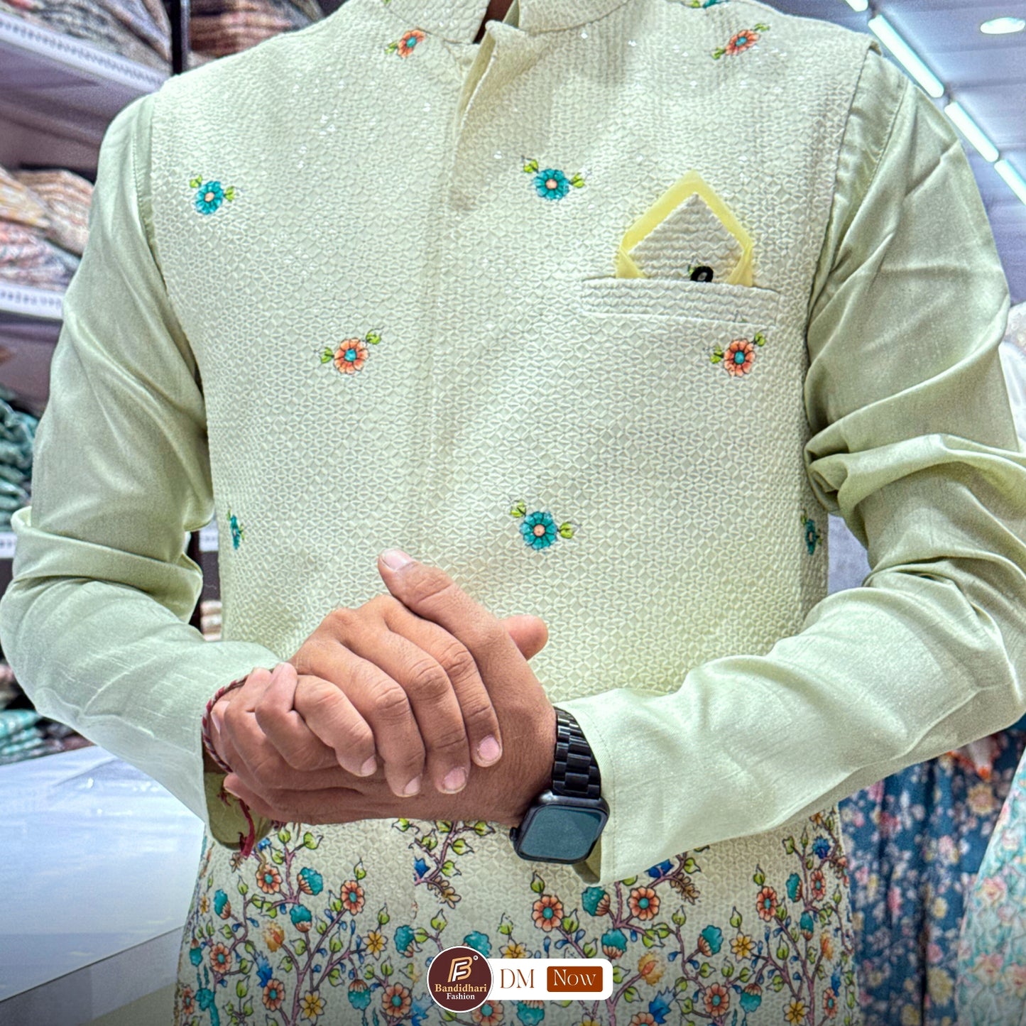 Men Pista color Party Wear Printed and Embroidered Work Cotton Blend Straight Koti Kurta set