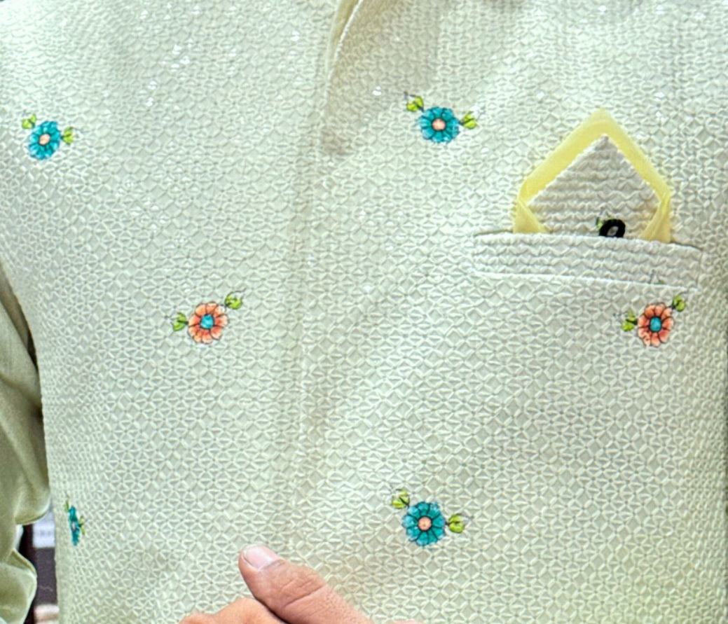 Men Pista color Party Wear Printed and Embroidered Work Cotton Blend Straight Koti Kurta set