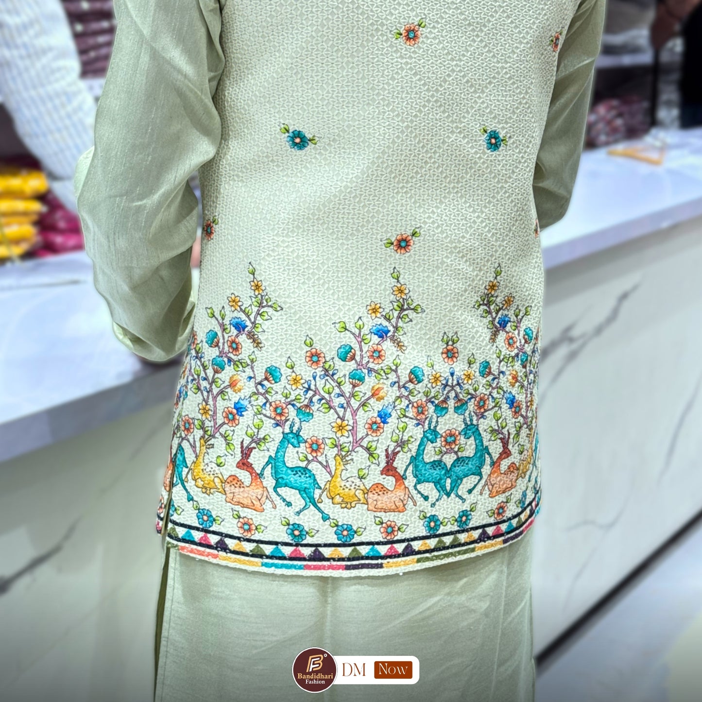 Men Pista color Party Wear Printed and Embroidered Work Cotton Blend Straight Koti Kurta set