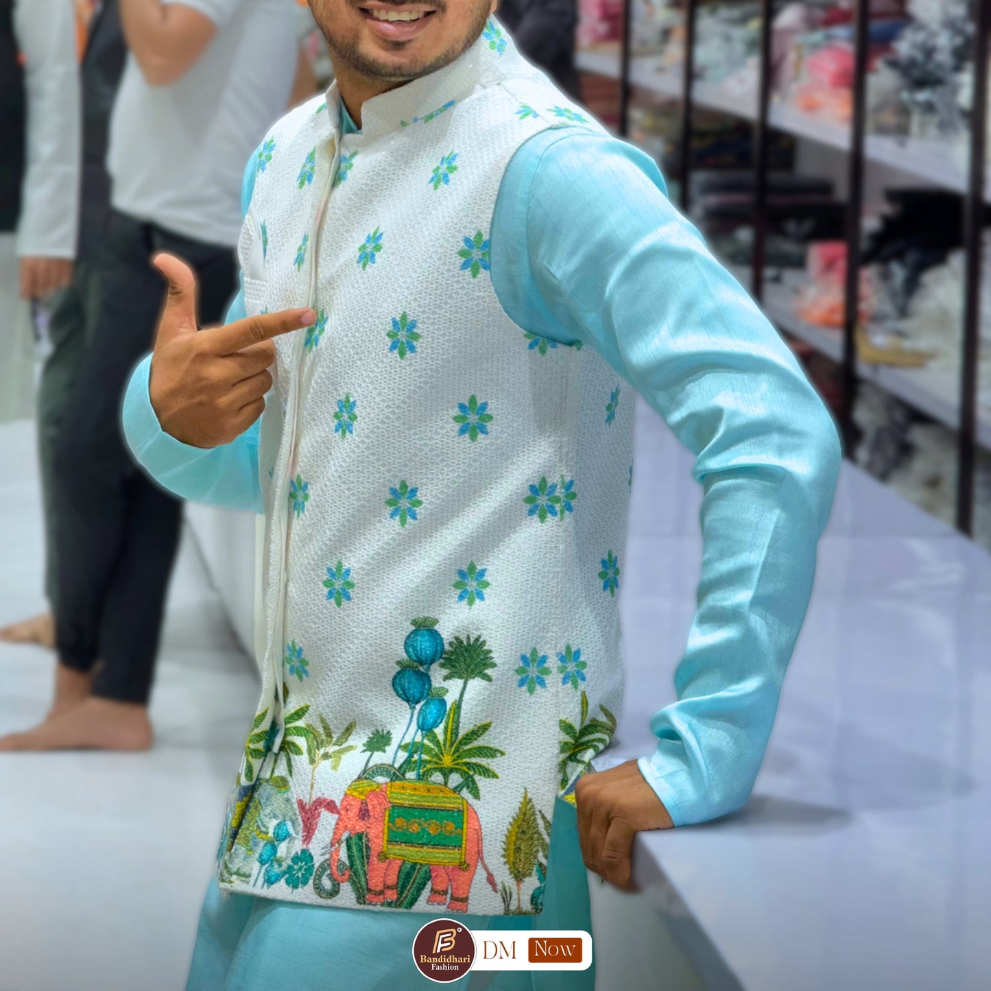 Men White and Sky color Party Wear Printed and Embroidered Work Cotton Blend Straight Koti Kurta set