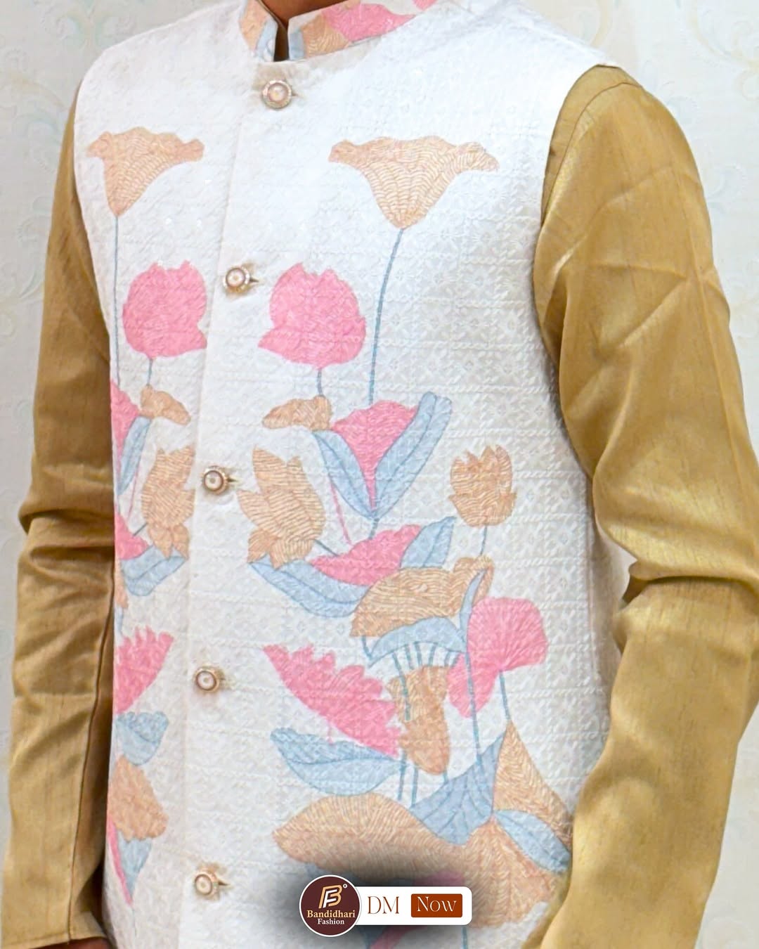 Men Cream Color Party Wear Printed and Embroidered Work Cotton Blend Straight Koti Kurta set