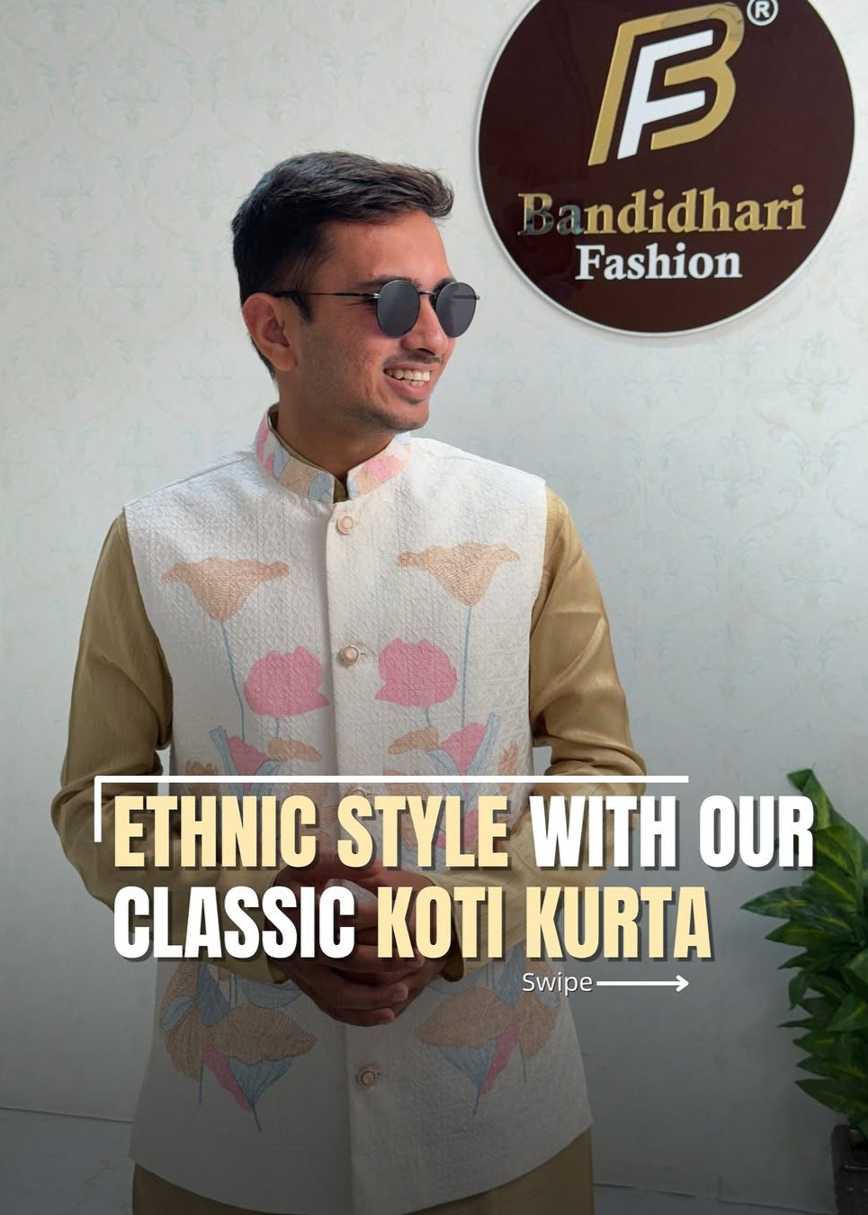 Men Cream Color Party Wear Printed and Embroidered Work Cotton Blend Straight Koti Kurta set