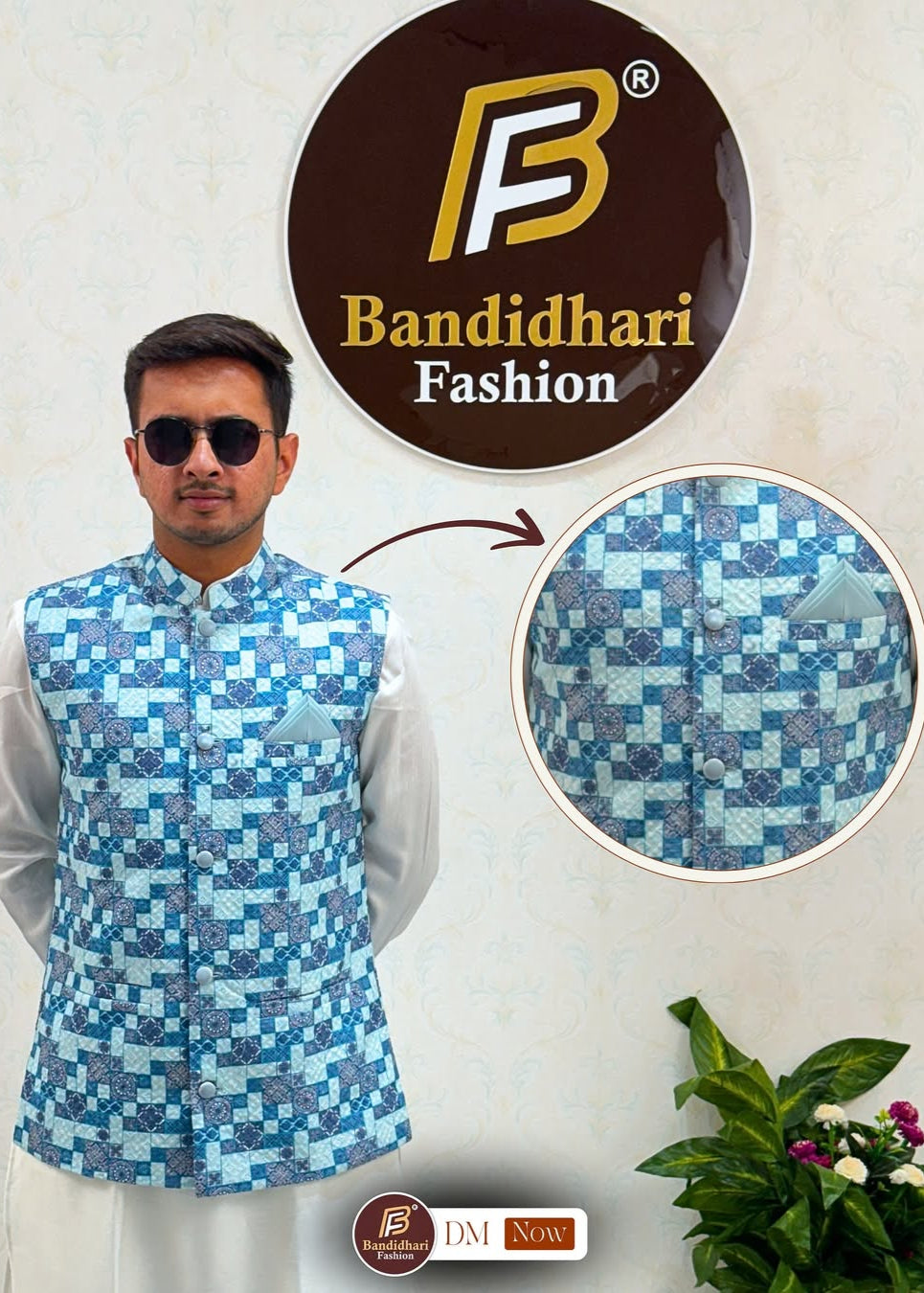 Men White And Blue Color Party Wear Printed and Embroidered Work Cotton Blend Straight Koti Kurta set