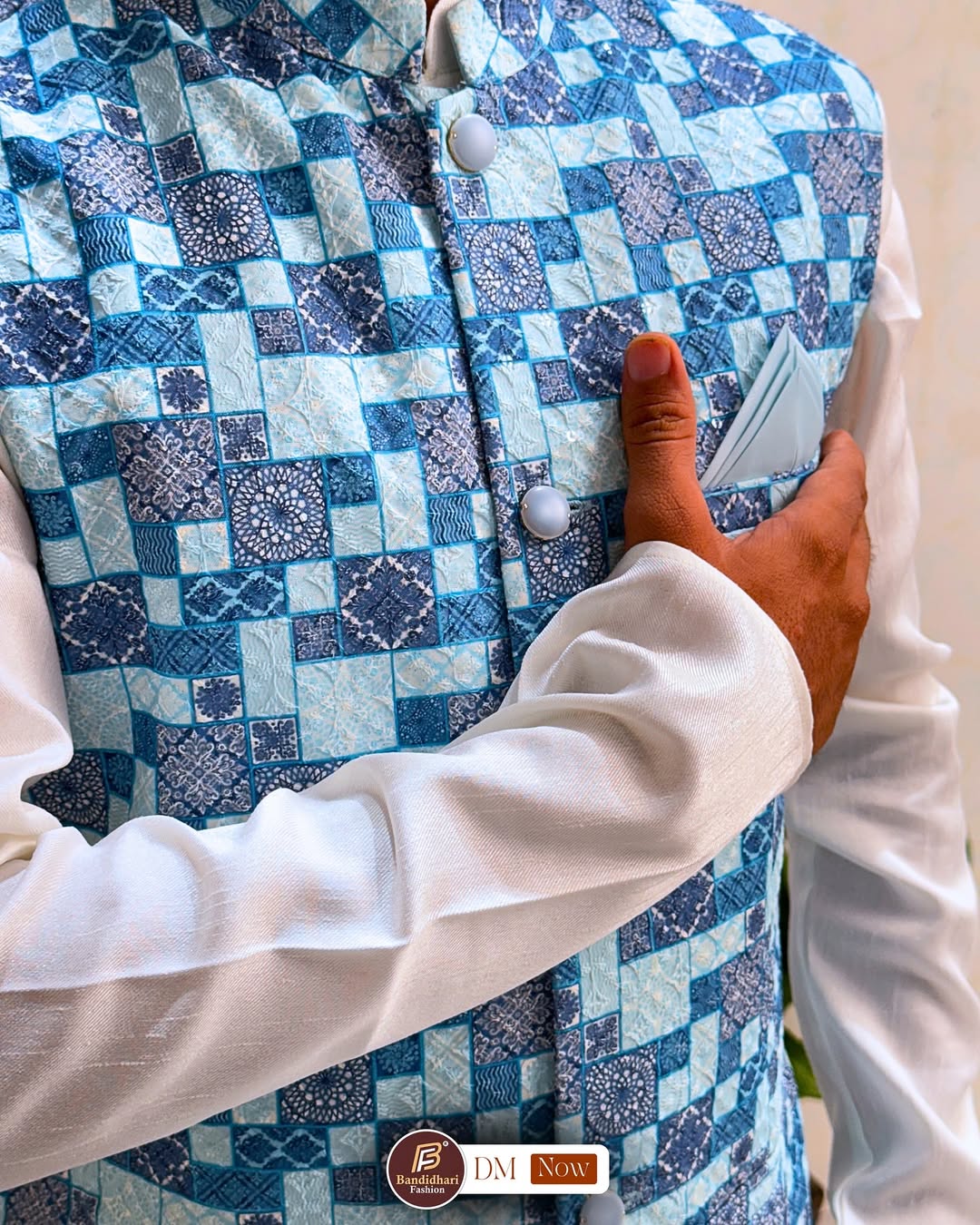Men White And Blue Color Party Wear Printed and Embroidered Work Cotton Blend Straight Koti Kurta set