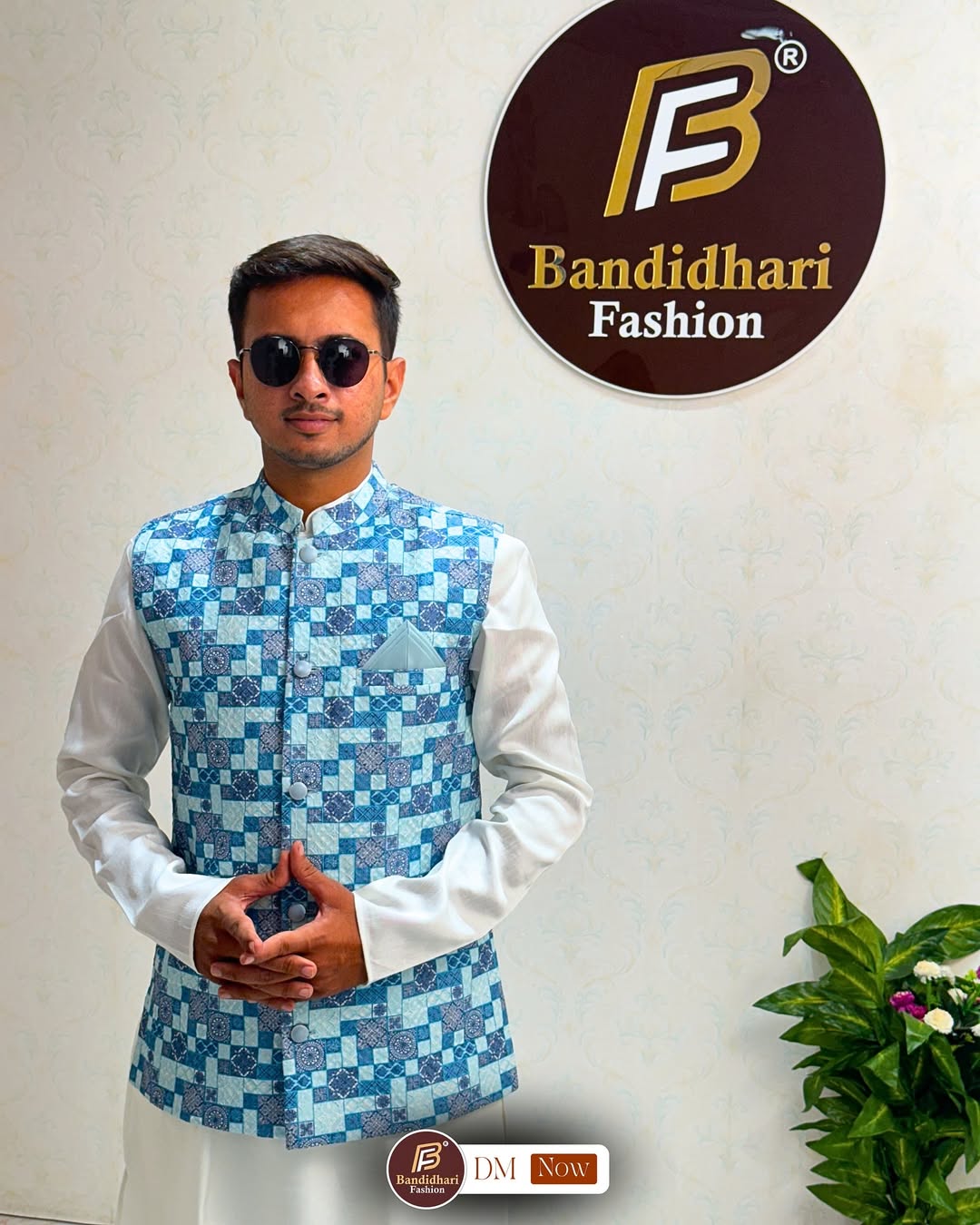 Men White And Blue Color Party Wear Printed and Embroidered Work Cotton Blend Straight Koti Kurta set