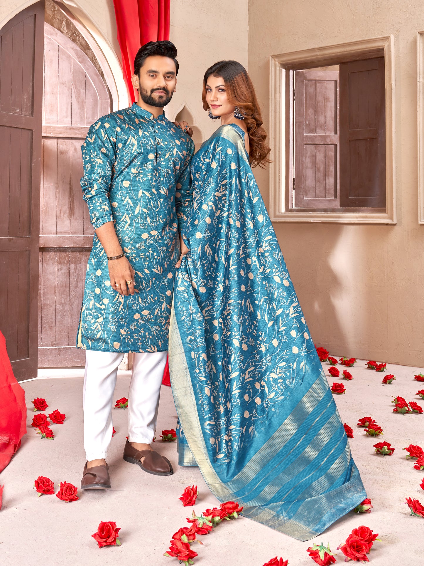 Best Beautiful Herbal Harmony Tussar Matching Couple Outfits