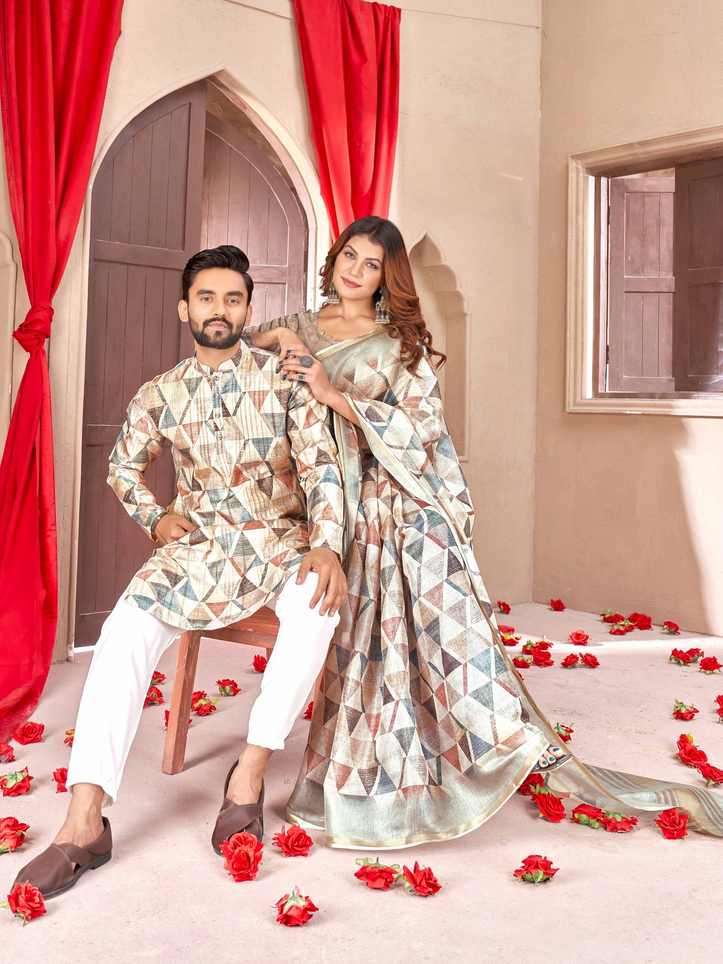 Geometric Triangular Twin Tussar Couple Best Beautiful Outfits