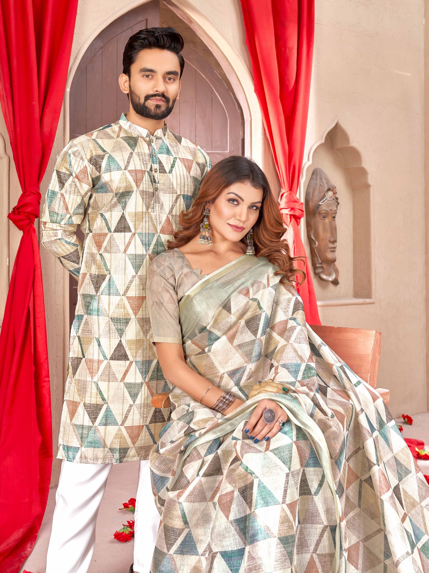 Geometric Triangular Twin Tussar Couple Best Beautiful Outfits