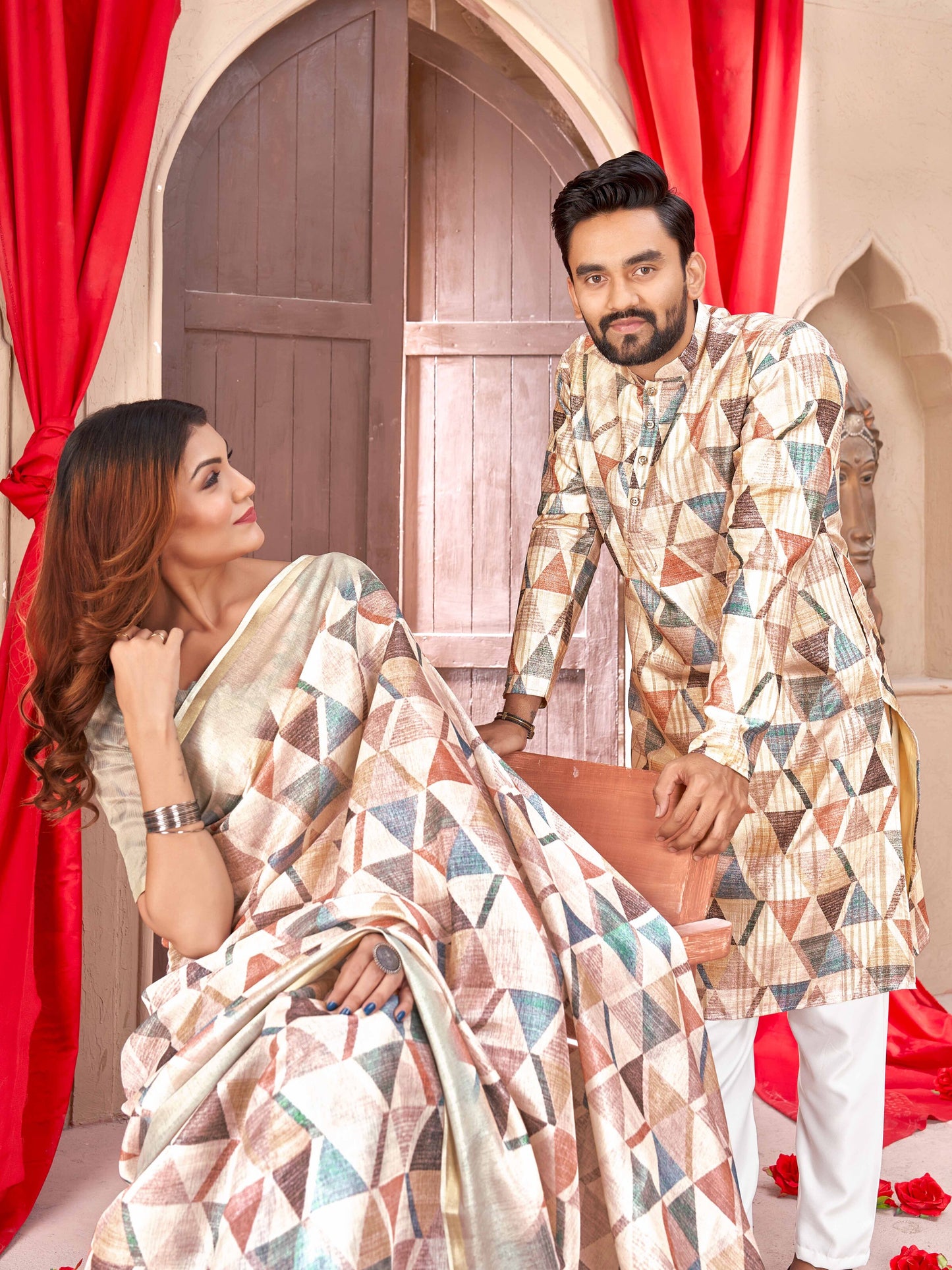 Geometric Triangular Twin Tussar Couple Best Beautiful Outfits