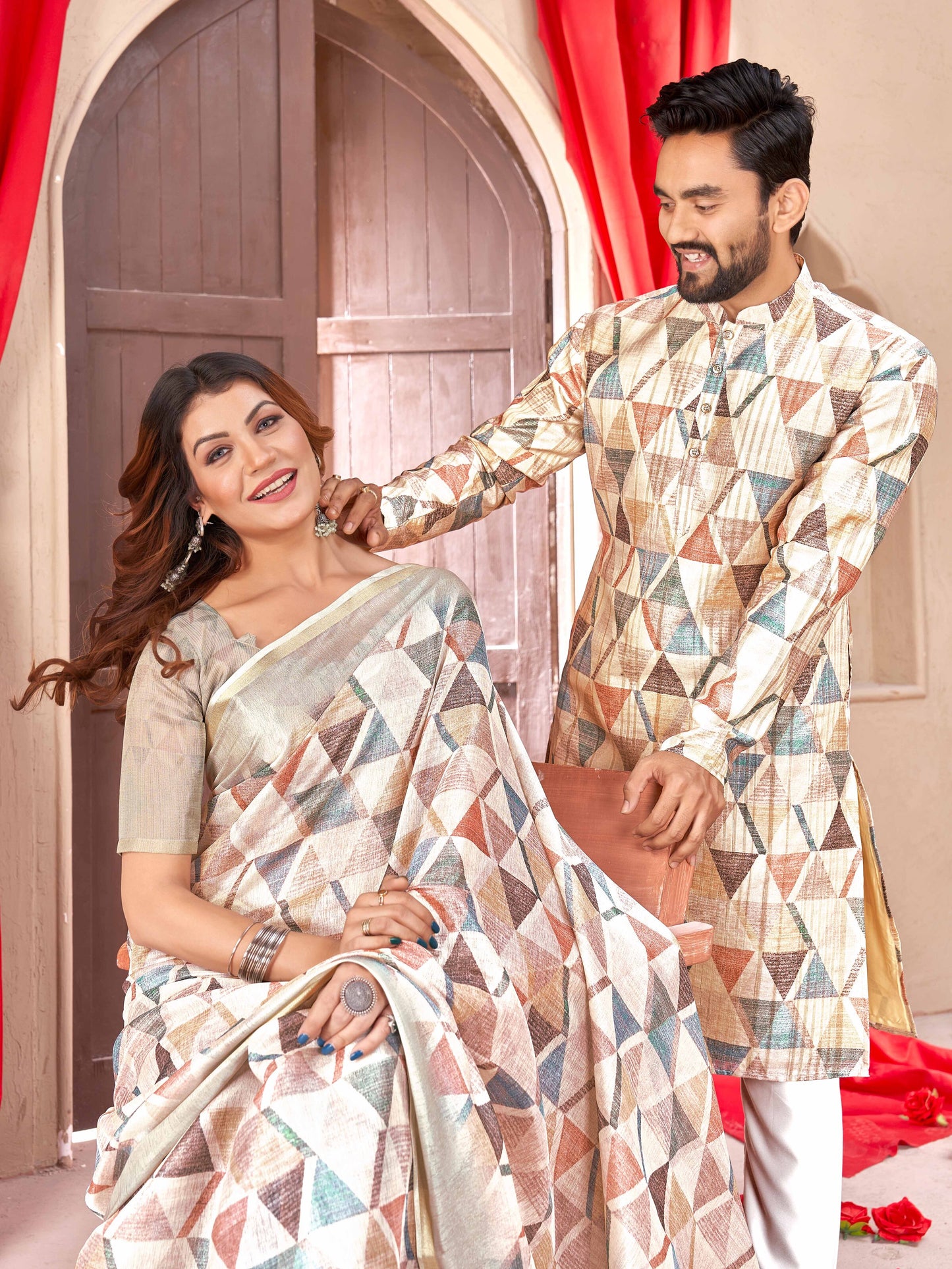 Geometric Triangular Twin Tussar Couple Best Beautiful Outfits