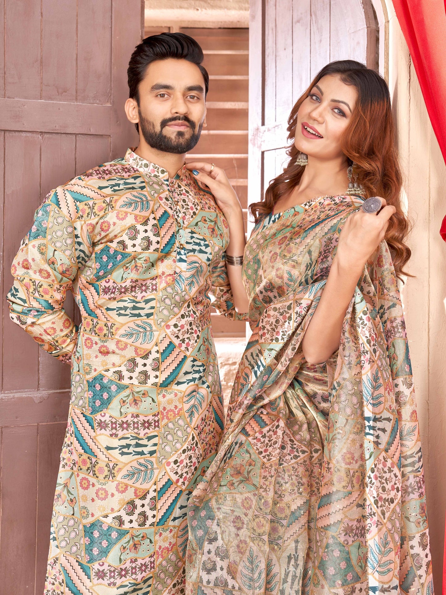 Geometric Triangular Twin Tussar Couple Best Beautiful Outfits