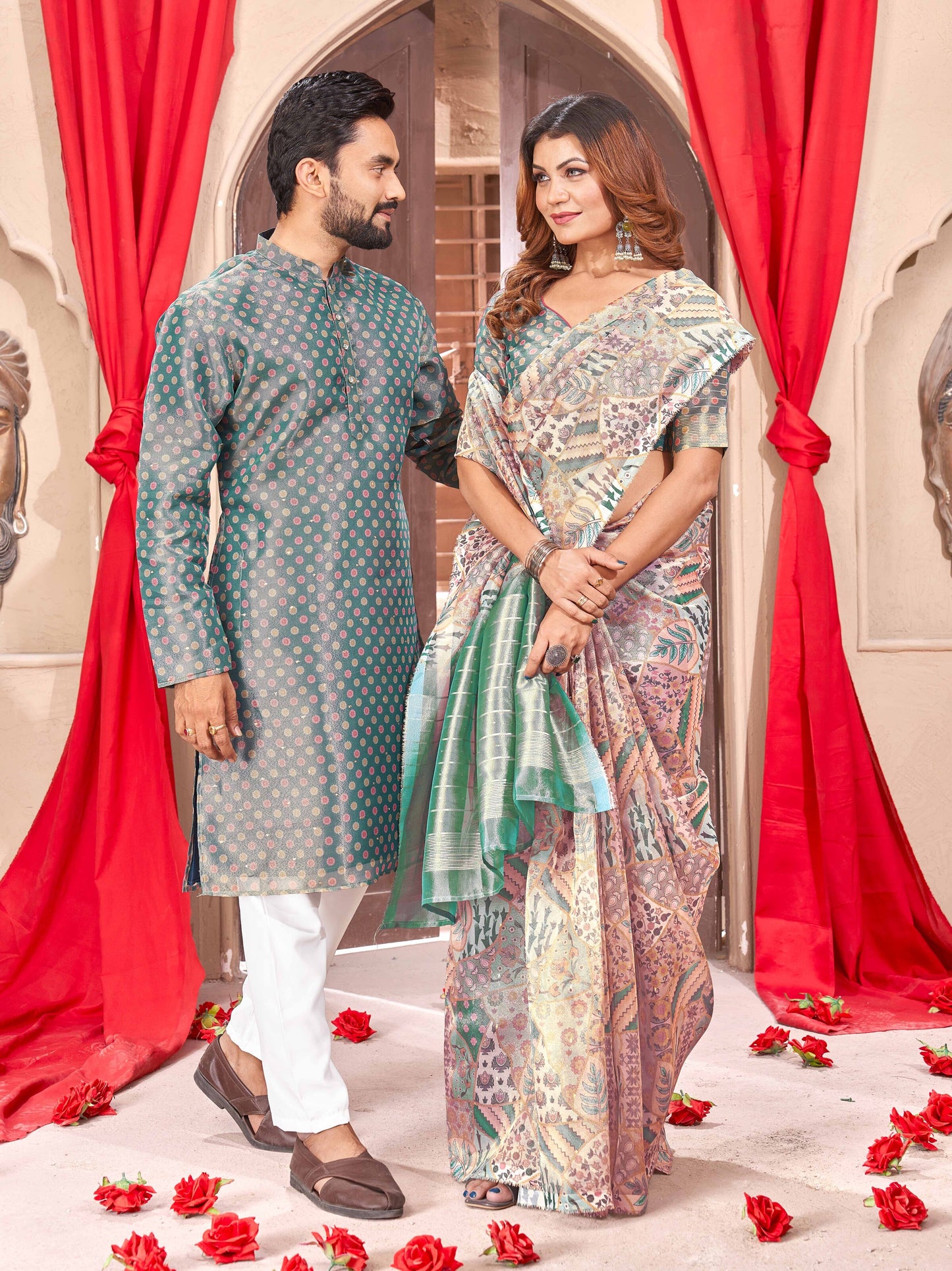 Geometric Triangular Twin Tussar Couple Best Beautiful Outfits