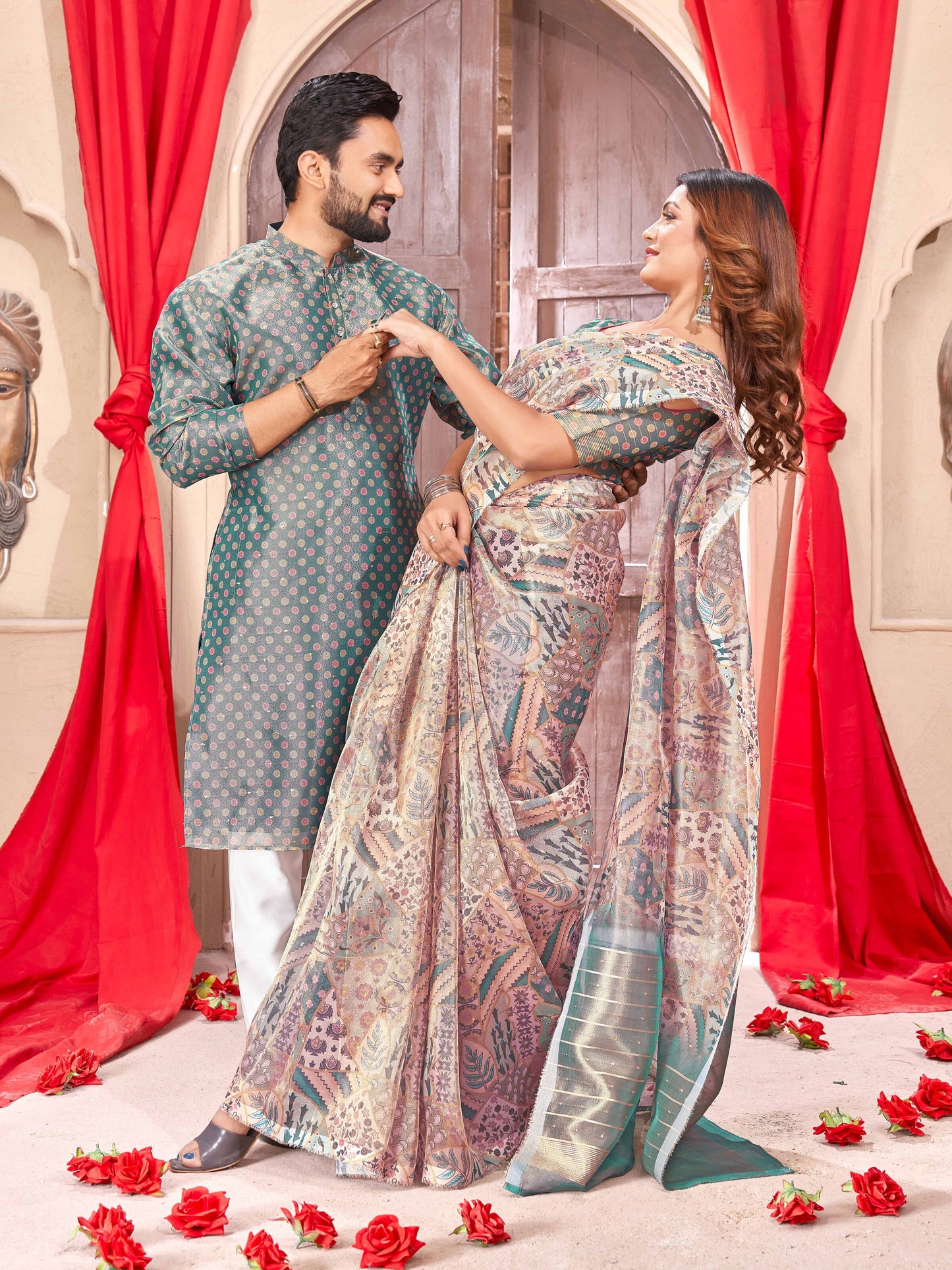 Geometric Triangular Twin Tussar Couple Best Beautiful Outfits