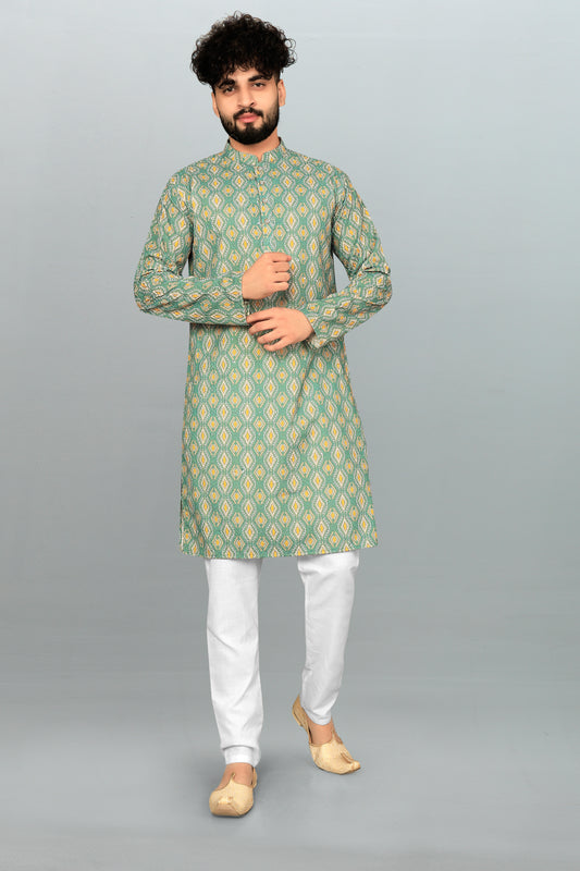 Men's Light Green Lakhnavi Heavy Embroidery Work Kurta