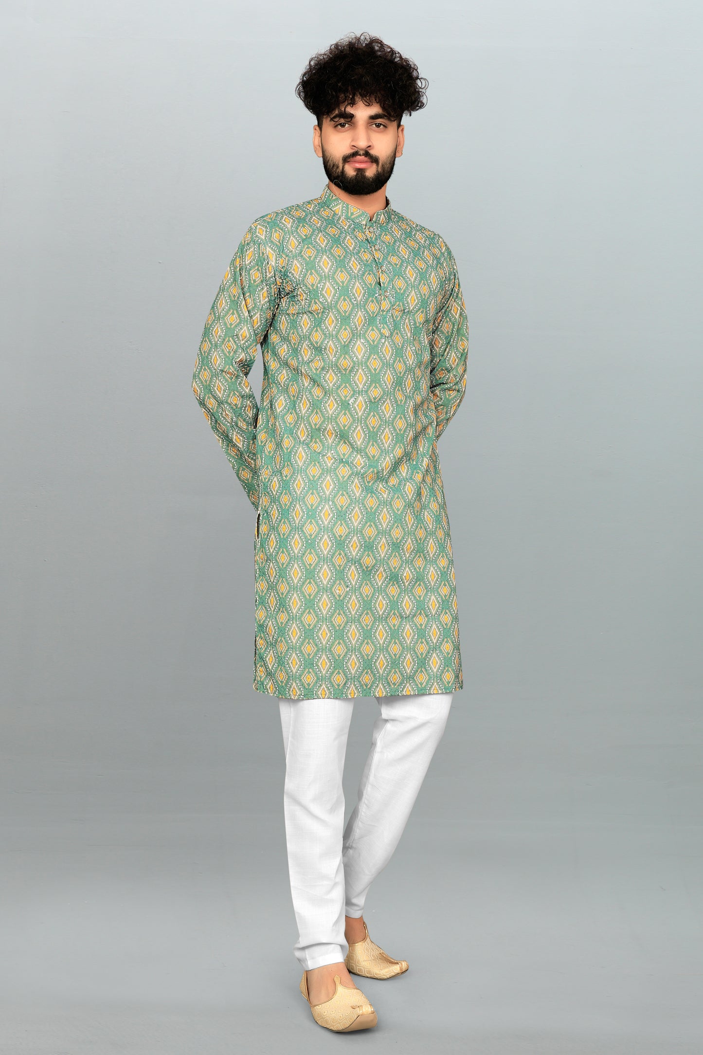 Men's Light Green Lakhnavi Heavy Embroidery Work Kurta