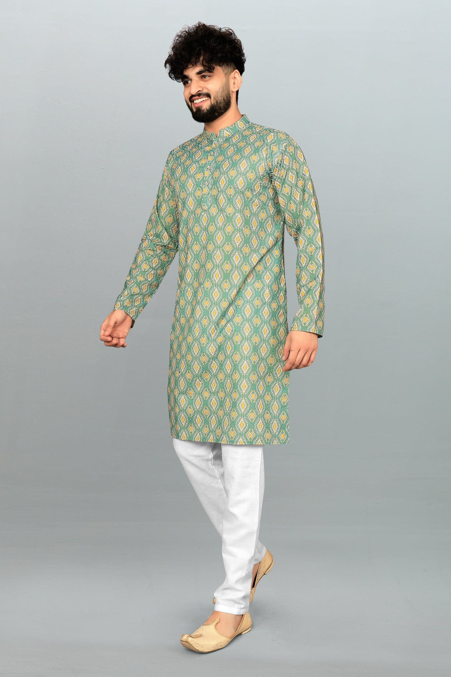 Men's Light Green Lakhnavi Heavy Embroidery Work Kurta