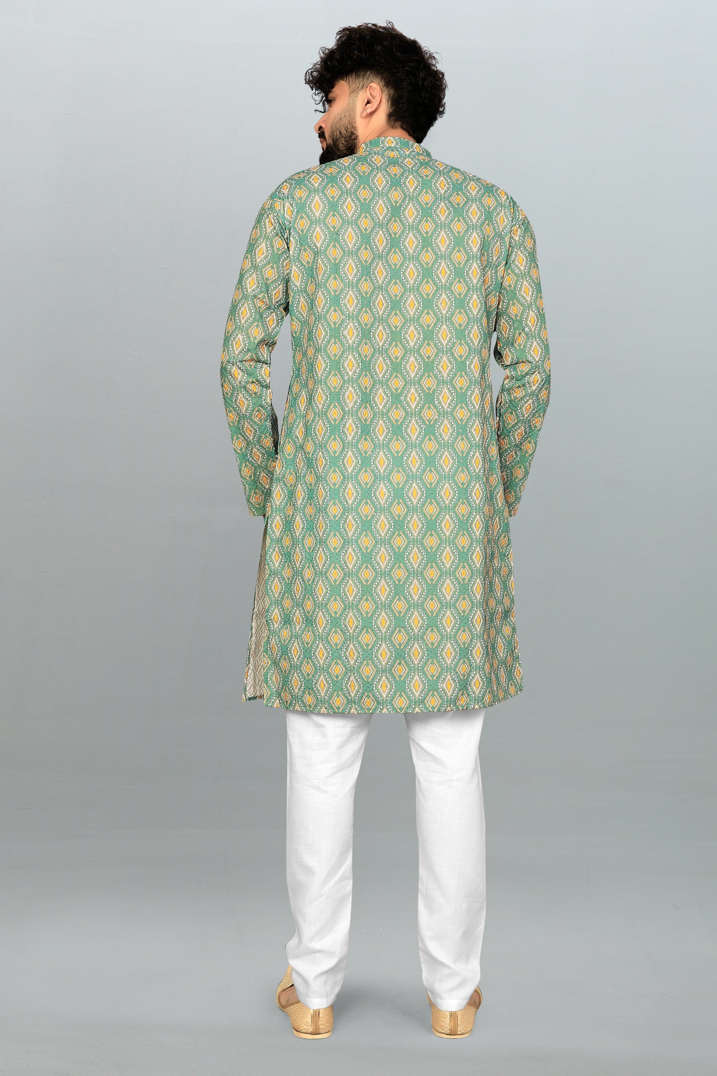 Men's Light Green Lakhnavi Heavy Embroidery Work Kurta