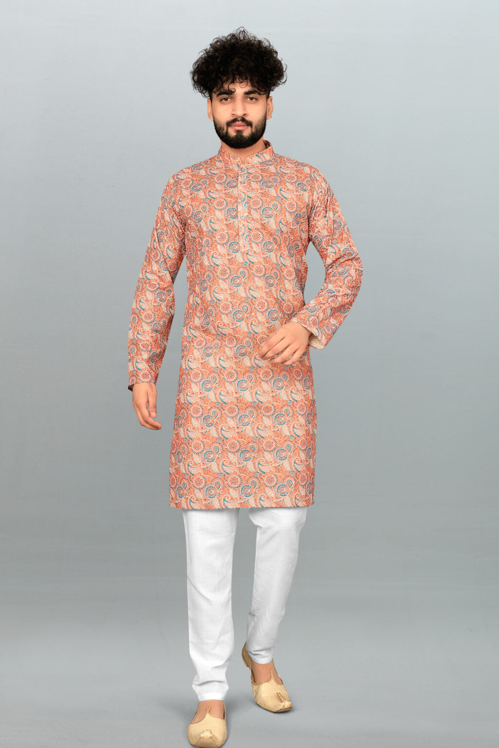 Men's Lucknowi Chikan Embroidered & Printed Cotton Blend Kurta