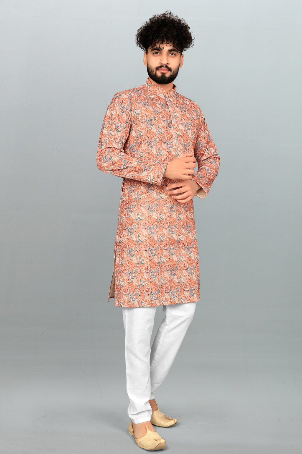 Men's Lucknowi Chikan Embroidered & Printed Cotton Blend Kurta