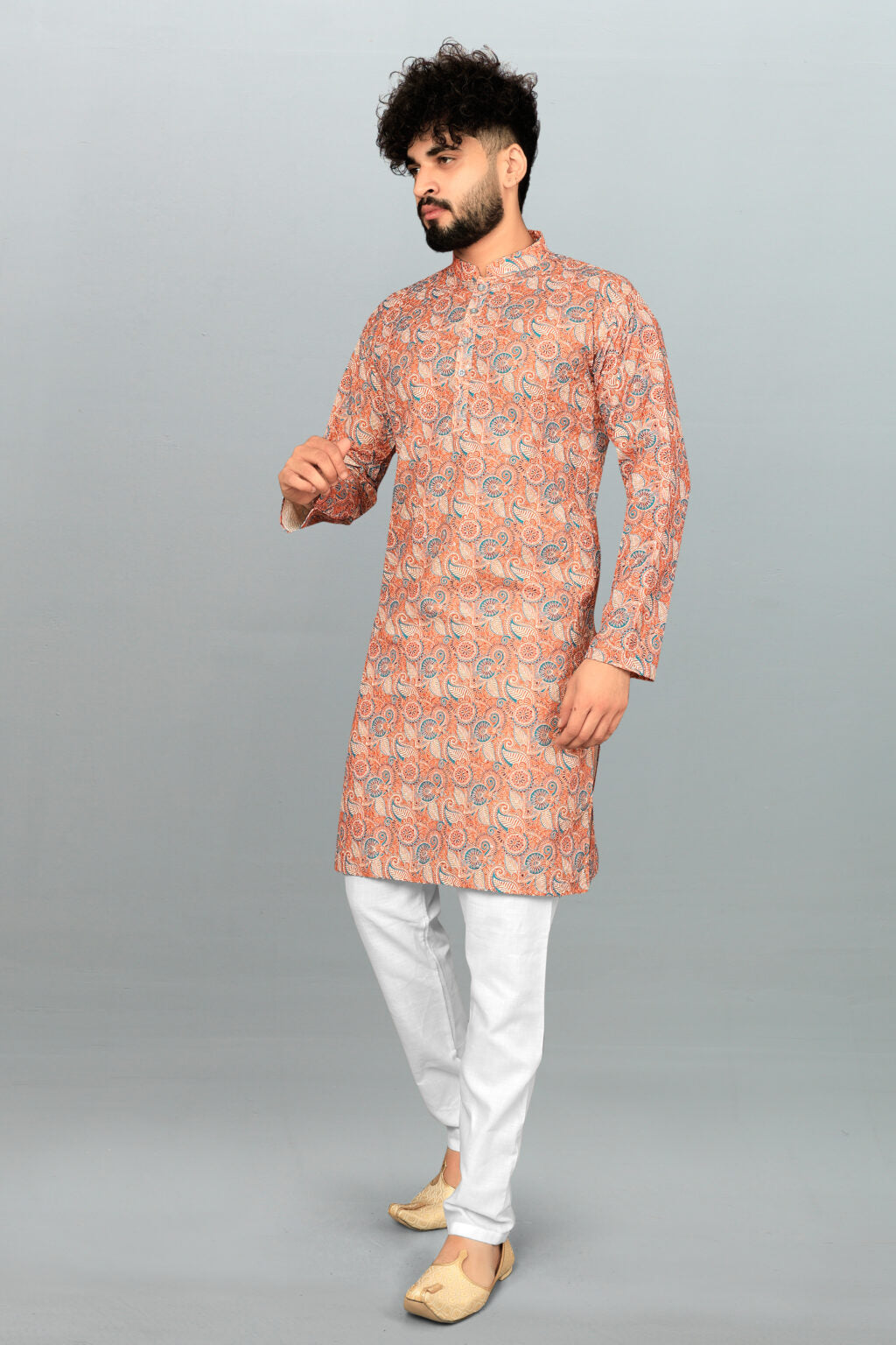 Men's Lucknowi Chikan Embroidered & Printed Cotton Blend Kurta