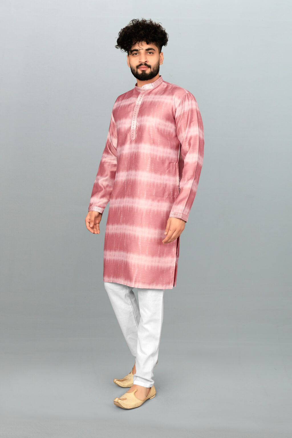 Men's Peach Roman Silk Kurta Pyjama & Dupatta Set