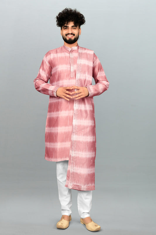 Men's Peach Roman Silk Kurta Pyjama & Dupatta Set