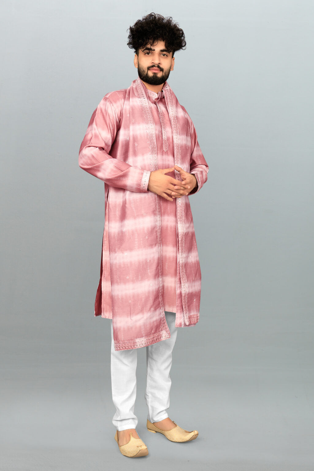 Men's Peach Roman Silk Kurta Pyjama & Dupatta Set