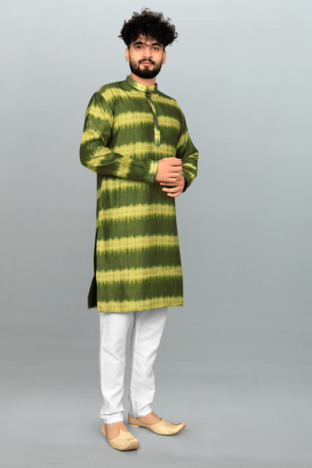 Men's Green Roman Silk Kurta Pyjama & Dupatta Set