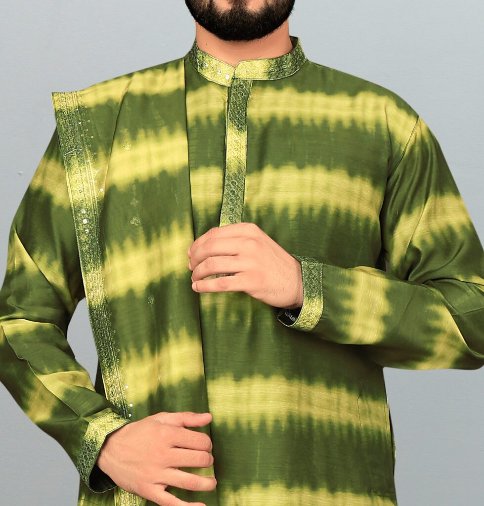 Men's Green Roman Silk Kurta Pyjama & Dupatta Set