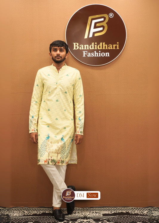 Men's Light Yellow Daman Printed and Lakhnavi Work in Rayon Cotton Kurta