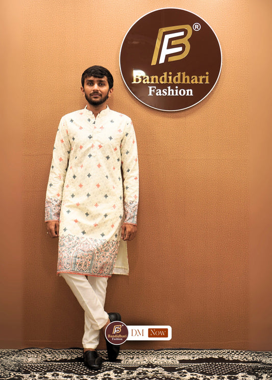 Men's Off White Daman Printed and Lakhnavi Work in Rayon Cotton Kurta