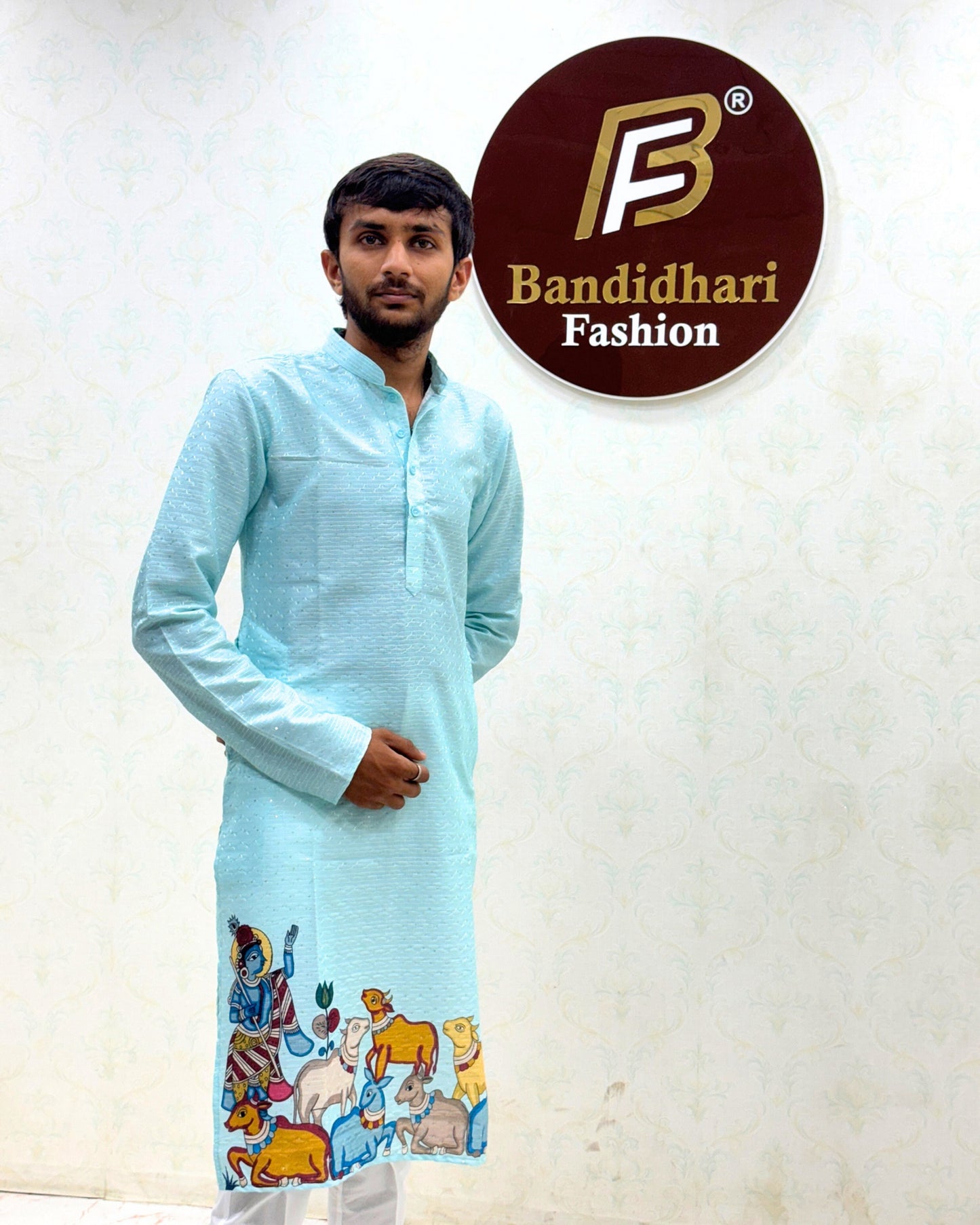 Bandidhari Fashion Present Sky Blue Cotton Kurta with Traditional Krishna Folk Art Border