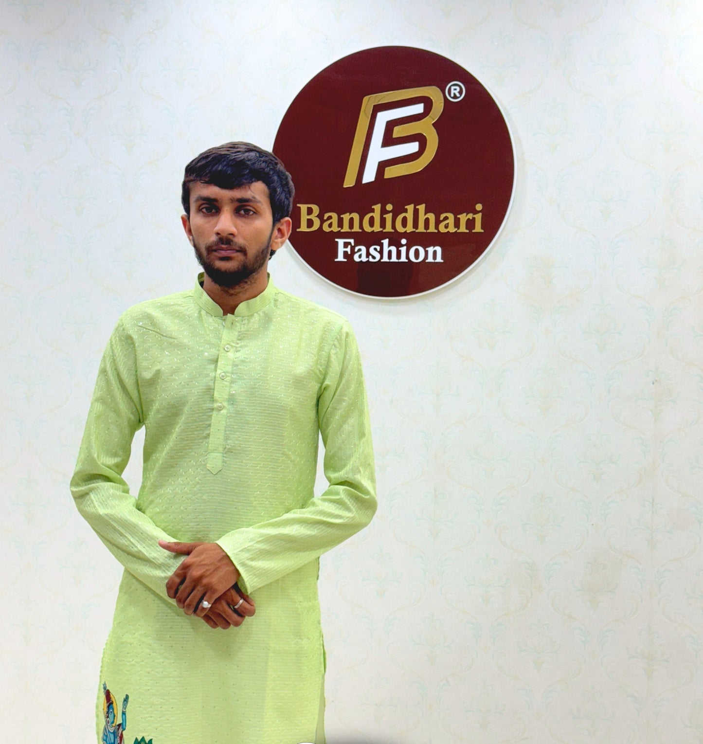 Bandidhari Fashion Present Sky Blue Cotton Kurta with Traditional Krishna Folk Art Border