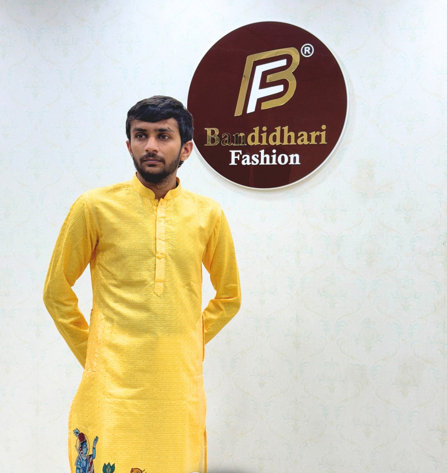 Bandidhari Fashion Present Sky Blue Cotton Kurta with Traditional Krishna Folk Art Border