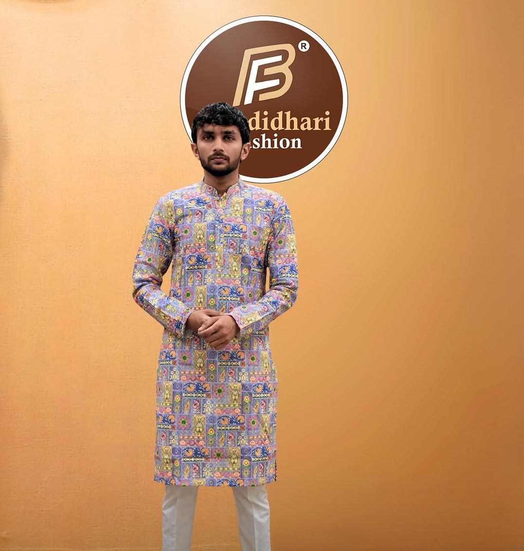Bandidhari Fashion Men Blue Purple Patchwork Print Cotton Kurta